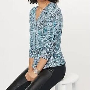 Susan Graver Womens Teal Peplum 3/4 SLVS Liquid Knit Button Up Top Blouse Large